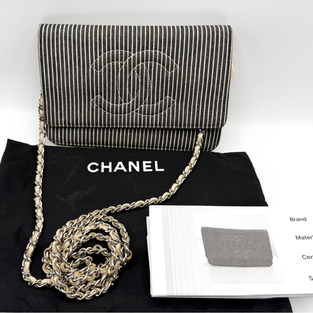 Chanel Beige Caviar Leather Pinstripe Cotton Timeless Wallet on Chain WOC Bag